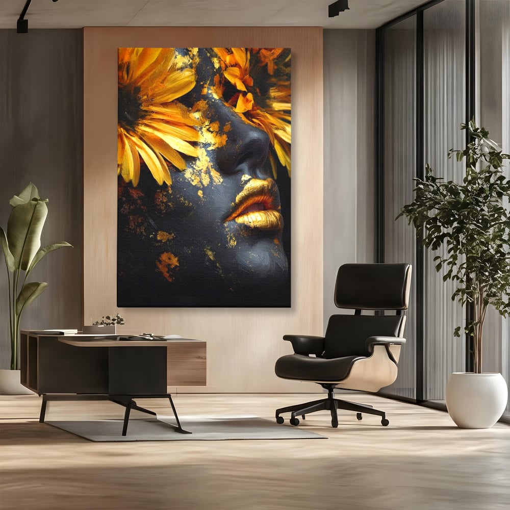 Tablou canvas cu tablou canvas cu portret feminin si foita aurie, fara rama, pe sasiu de lemn, pe perete intr-un birou